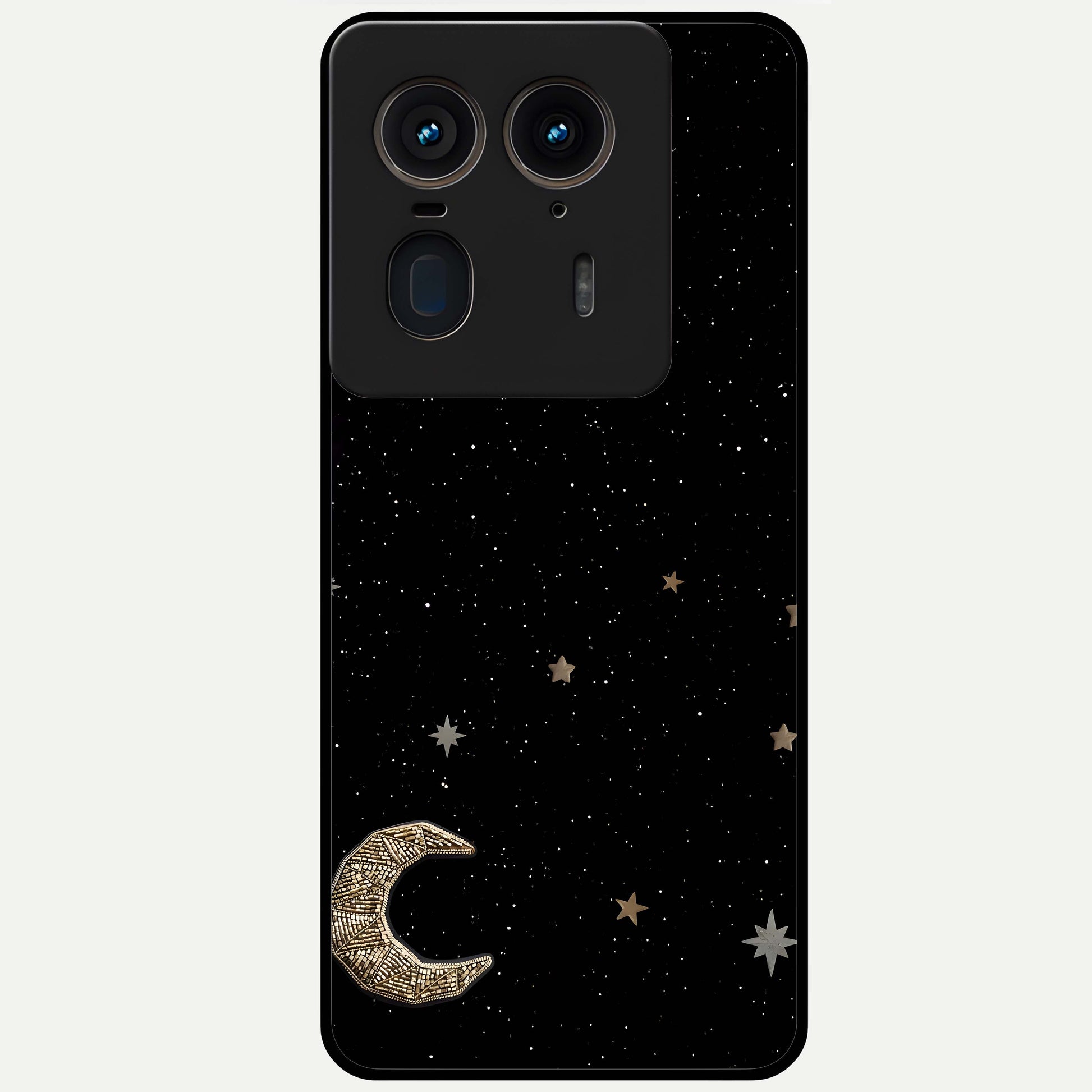 Twinkle Star With Half Moon Glass Case showing flat back view with star and half moon artwork and glossy glass finish.