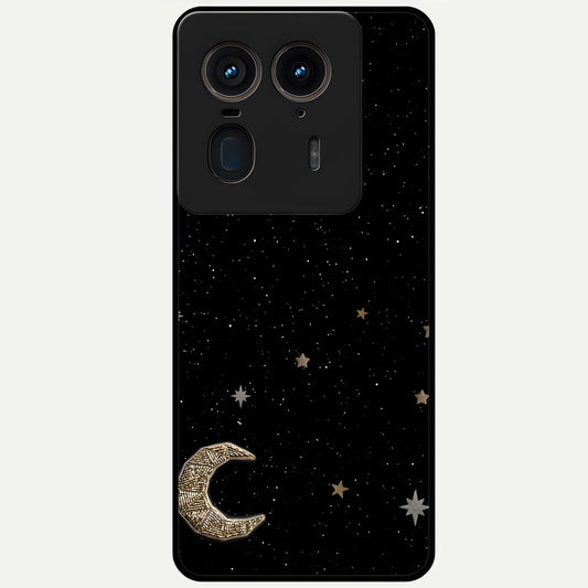 Twinkle Star With Half Moon Glass Case showing flat back view with star and half moon artwork and glossy glass finish.