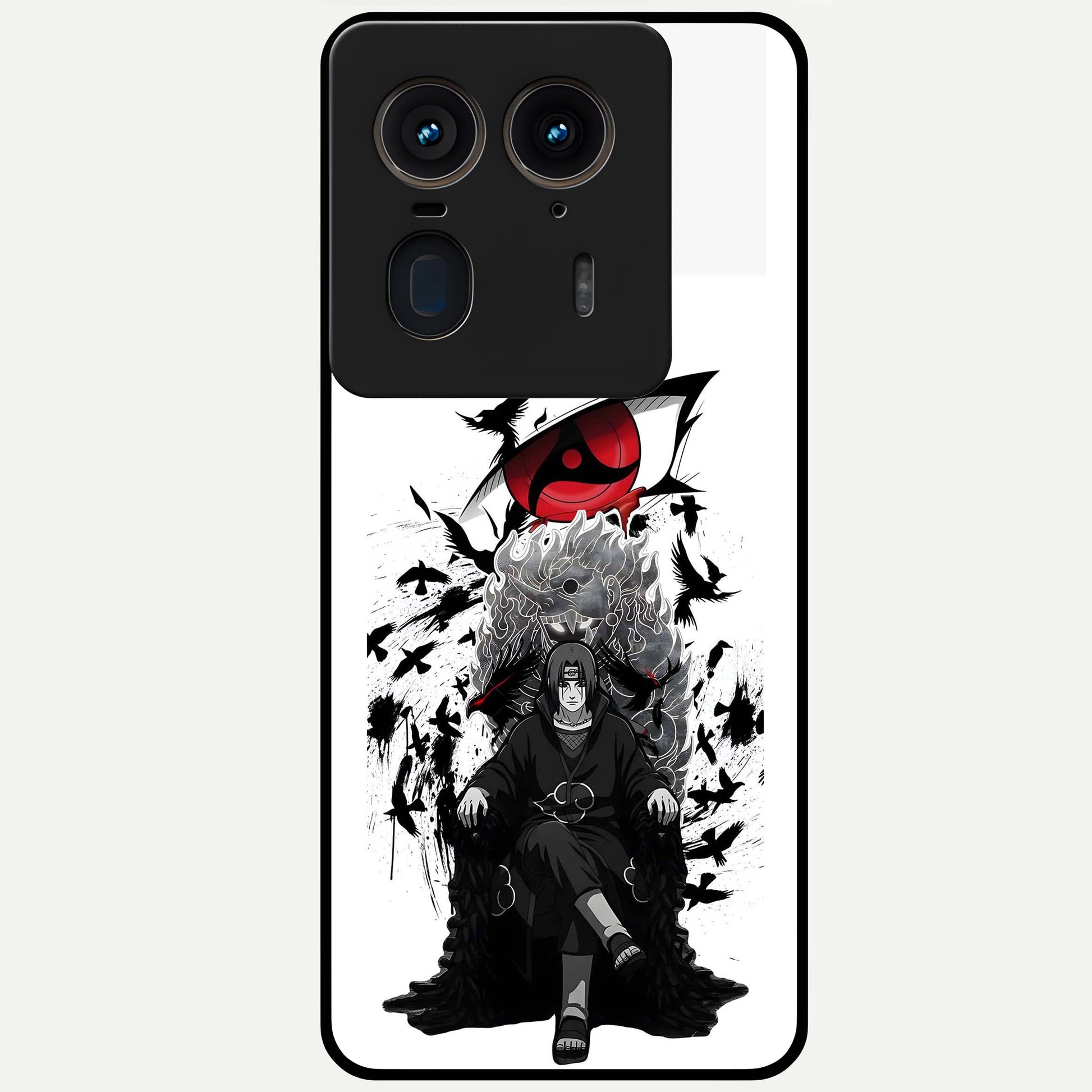Uchiha Shadow Throne Glass Case showing flat back view with cosmic underwater themed artwork and glossy glass finish.