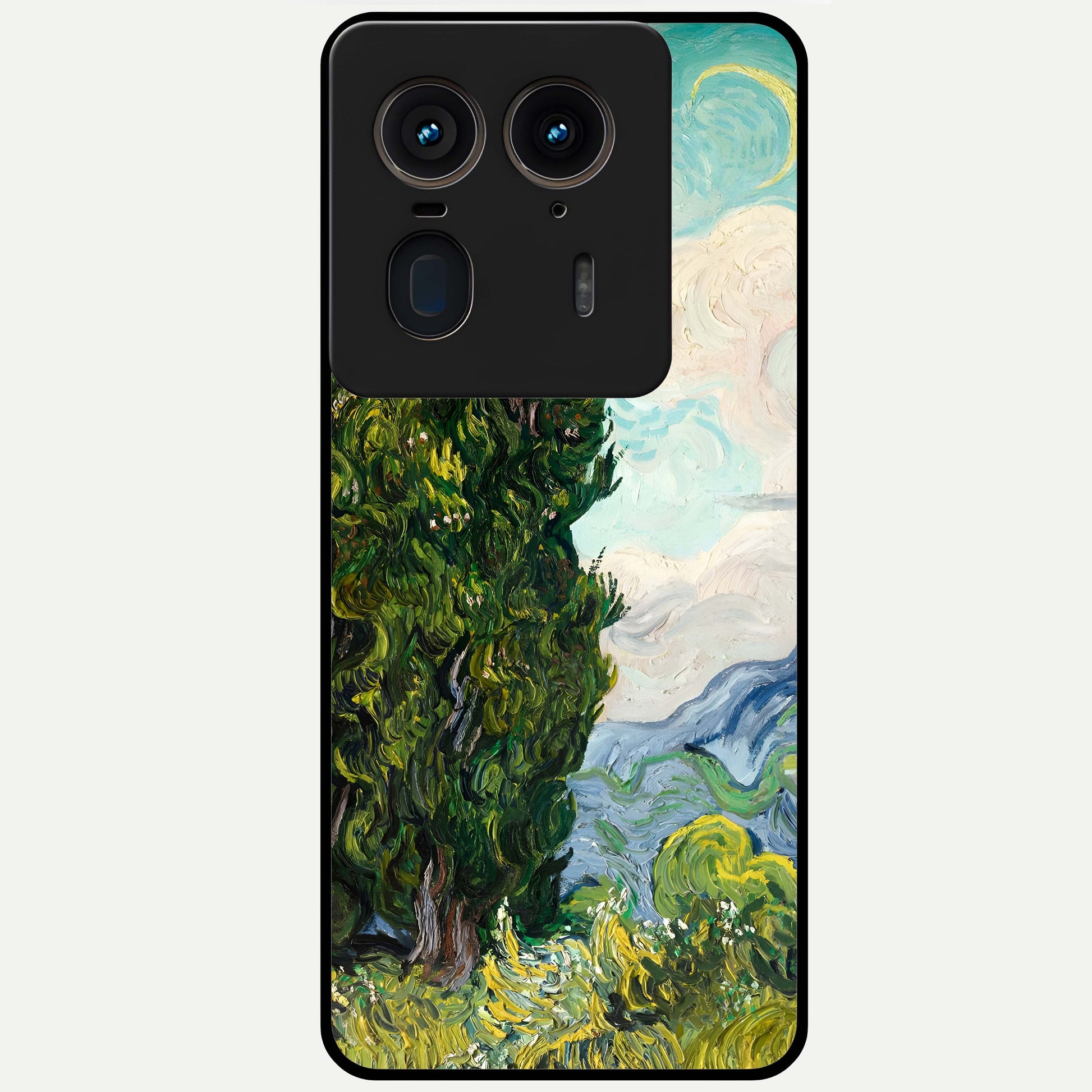 Van Gogh Vintage Art Glass Case showing flat back view with vintage painterly artwork inspired by Van Gogh style and glossy glass finish.