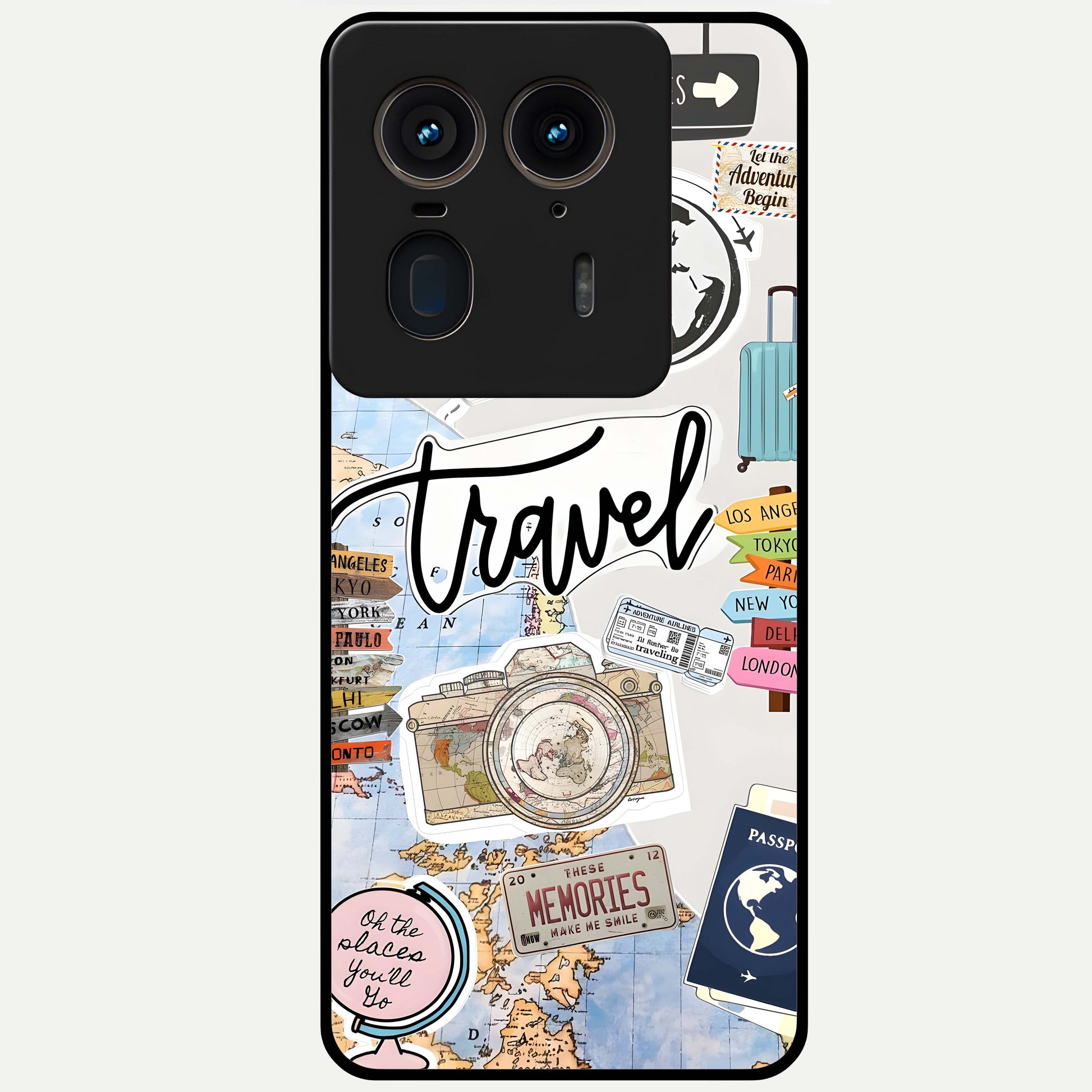 Wanderlust Journal Glass Case showing flat back view with travel inspired artwork and glossy glass finish.