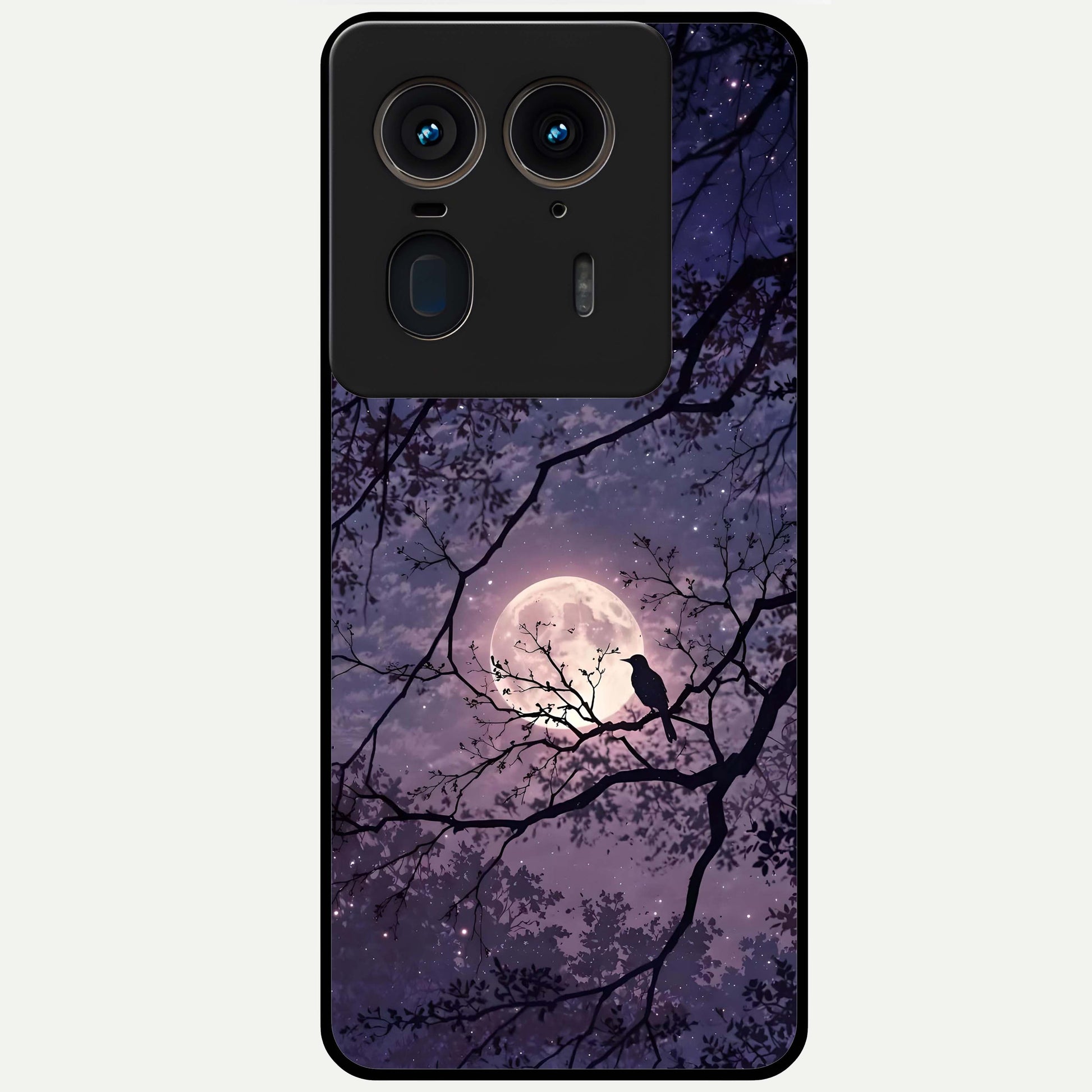 Whispering Moon Silence Glass Case showing flat back view with serene moon themed artwork and glossy glass finish.