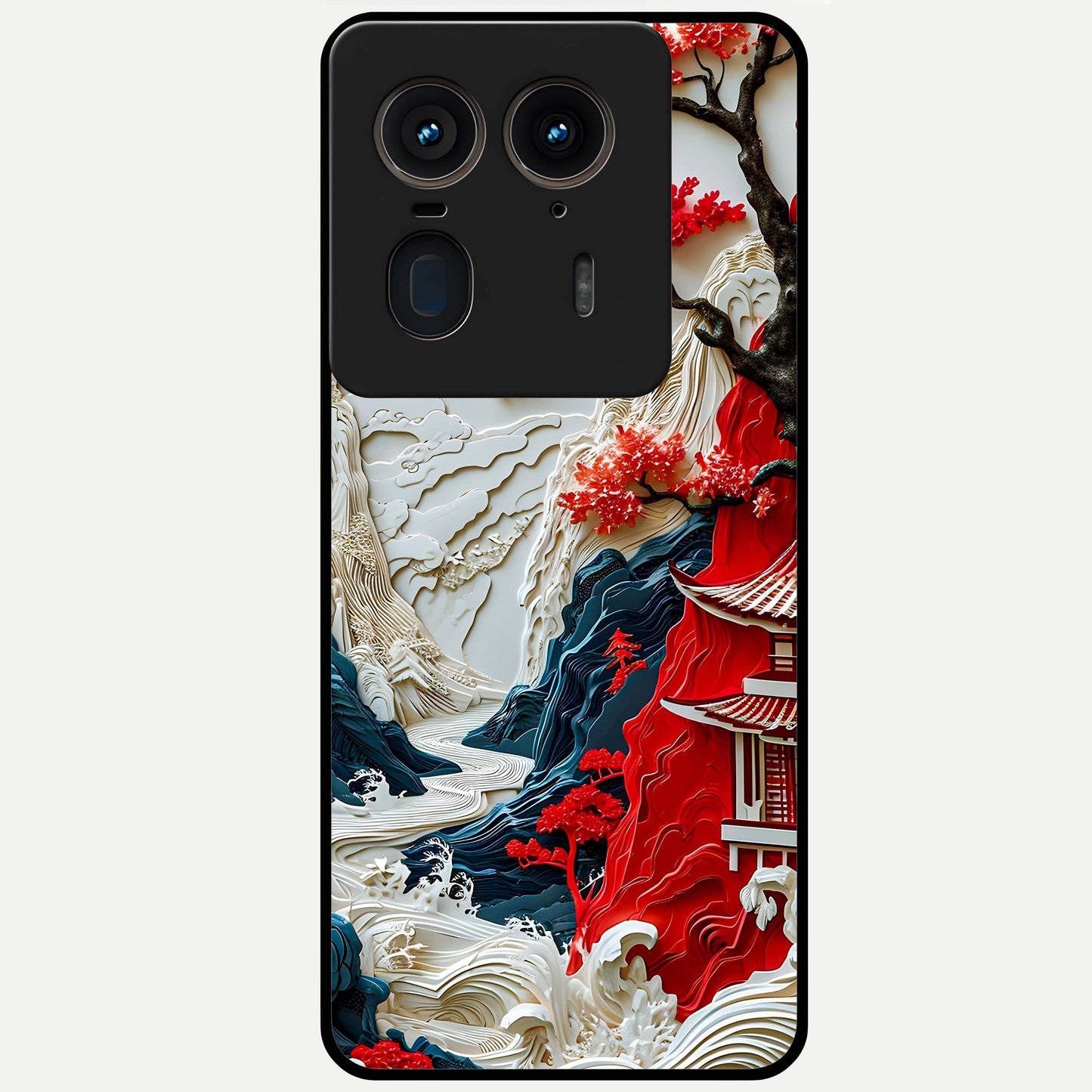 Whispers Of Sakura Waves Glass Case showing flat back view with cherry blossom wave artwork and glossy glass finish.
