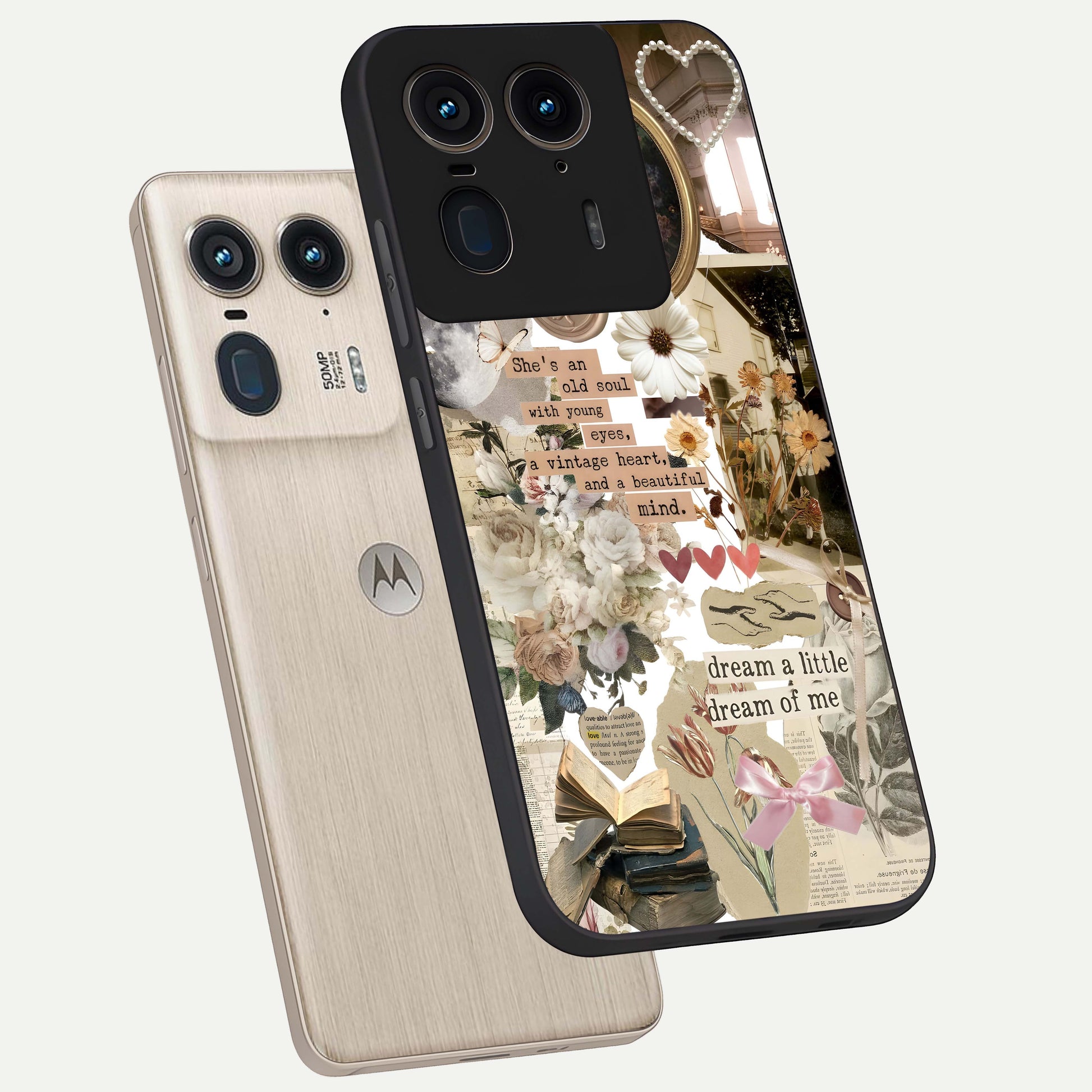 Aesthetic Brown Vintage Collage Glass Case displayed in angled mockup highlighting vintage aesthetic collage design.