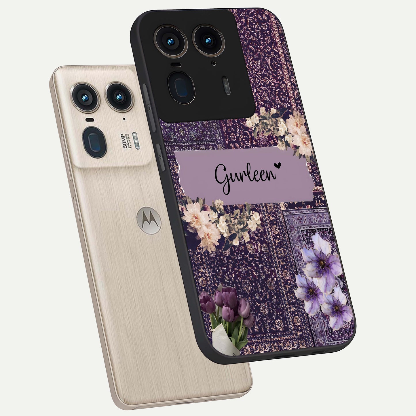 Antique Floral Whisper Custom Name Glass Case displayed in angled mockup highlighting elegant antique floral aesthetic.