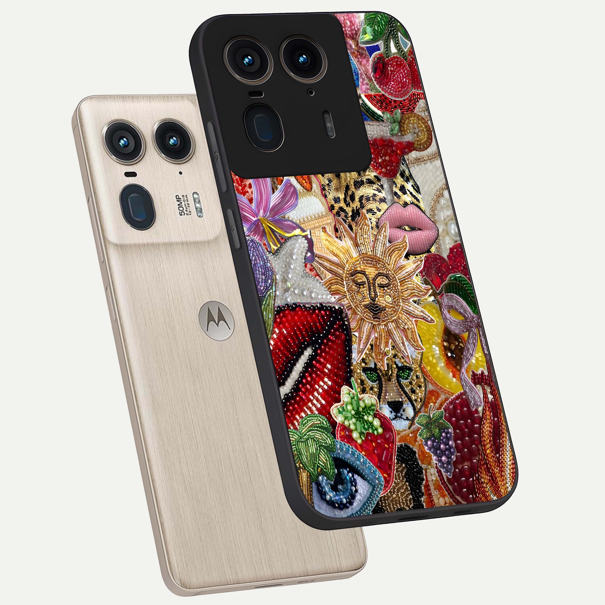 Beaded Fashion Jungle Glass Case displayed in angled mockup highlighting colorful fashion bead design and artistic pattern.