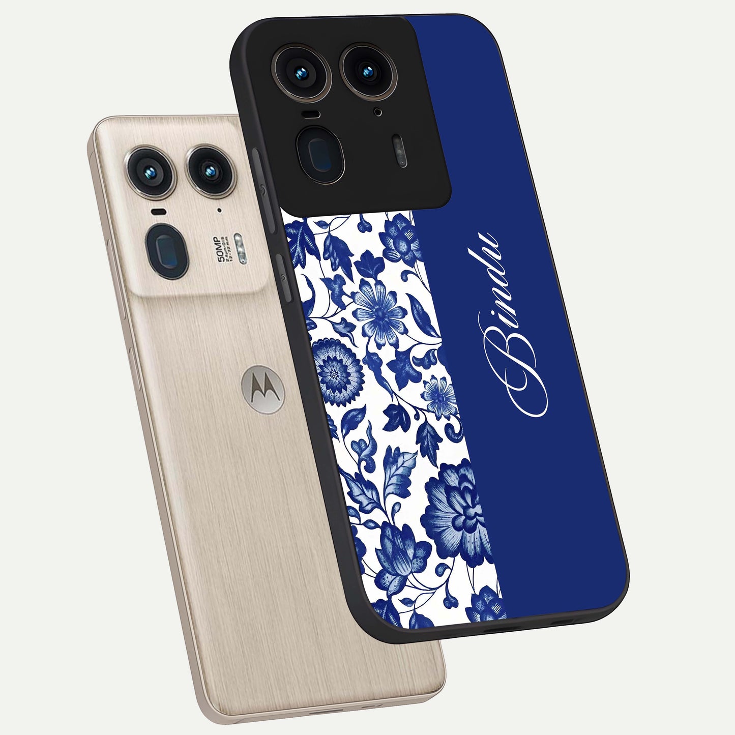 Blue Vintage Floral Pattern Glass Case displayed in angled mockup highlighting subtle bloom pattern with aesthetic pastel design.