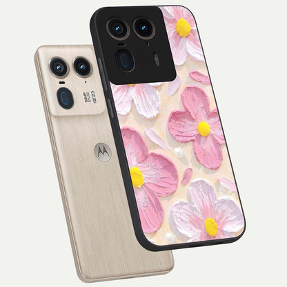 Blush Bloom Texture Glass Case displayed in angled mockup highlighting subtle bloom pattern with aesthetic pastel design.