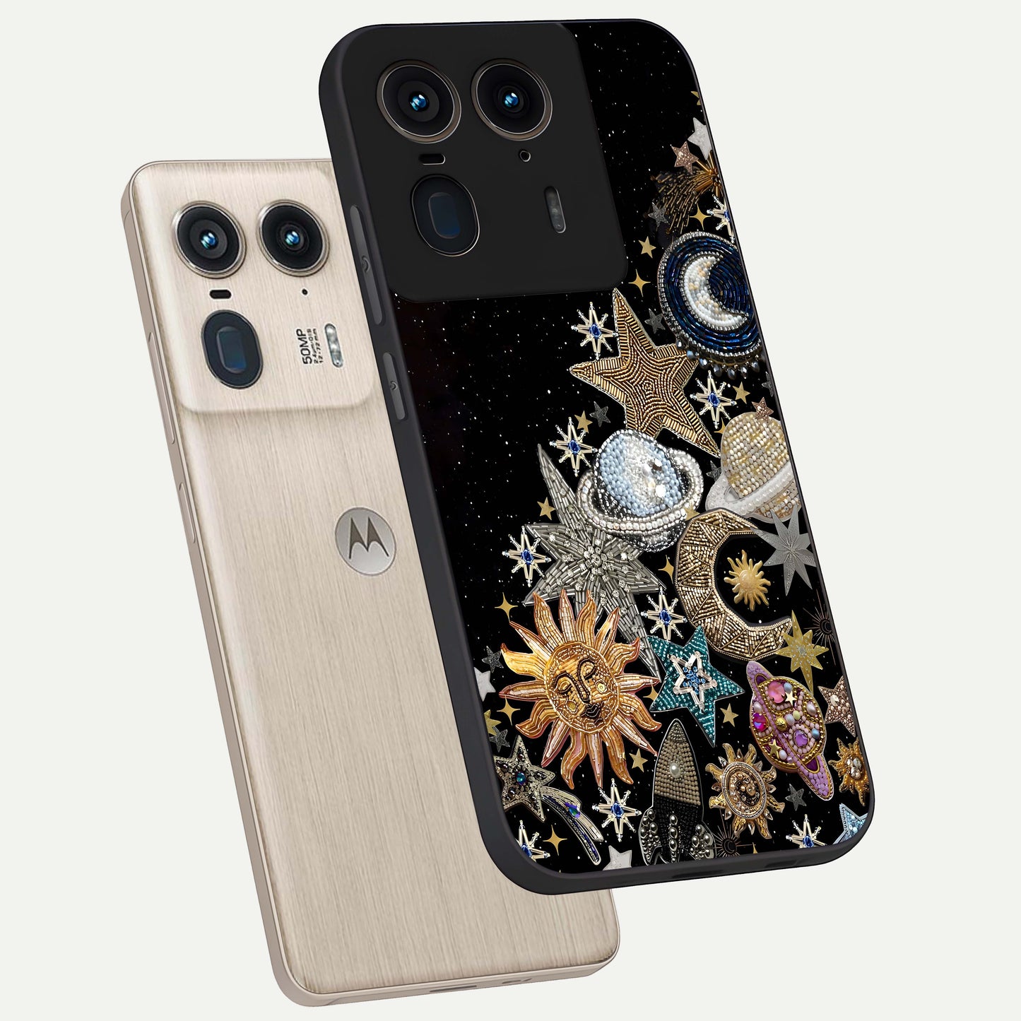 Cosmic Sparkle Dreams Glass Case displayed in angled mockup highlighting dreamy star sparkle design with celestial aesthetic.
