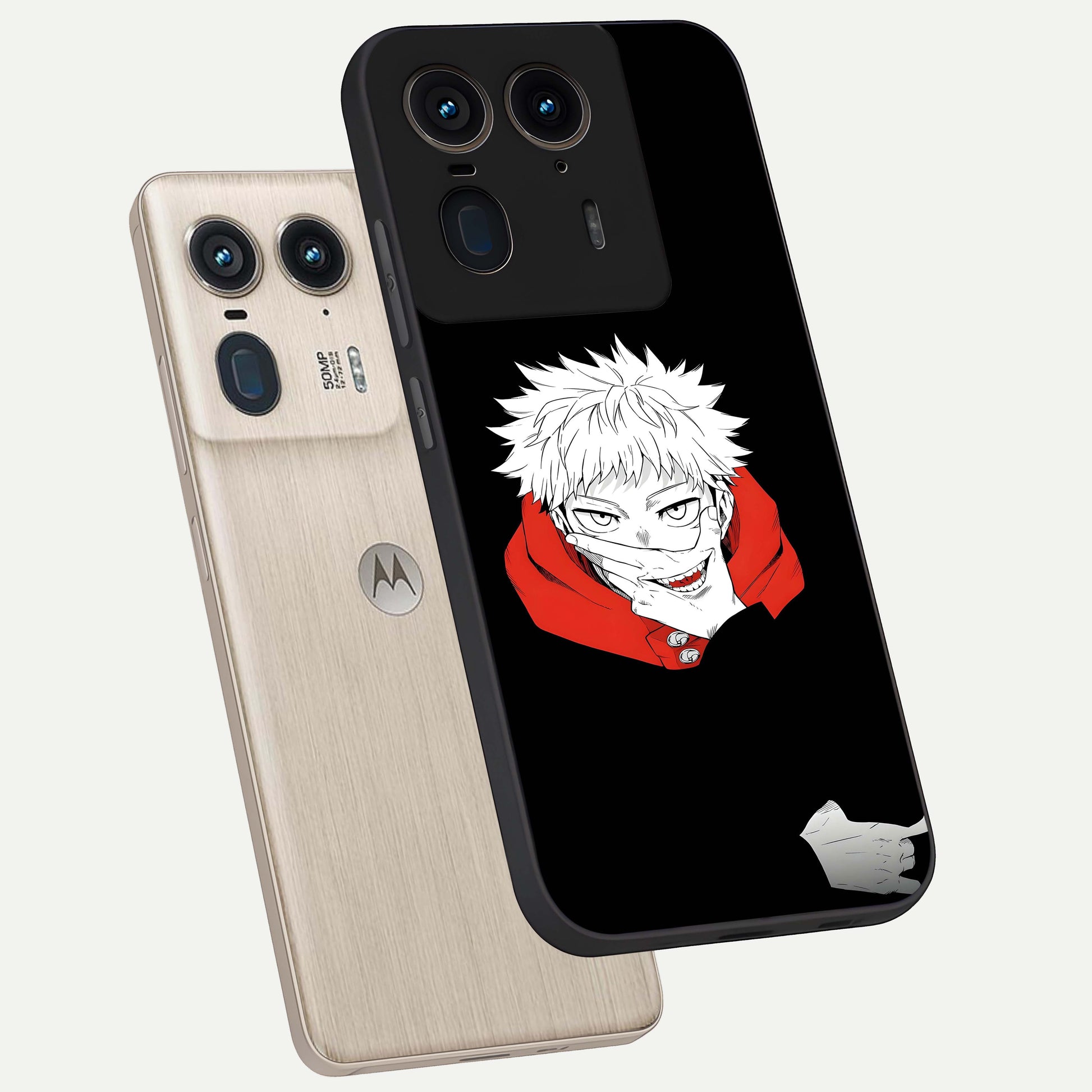 Crimson Chaos Smile Glass Case displayed in angled mockup highlighting edgy crimson smile design with graphic aesthetic.