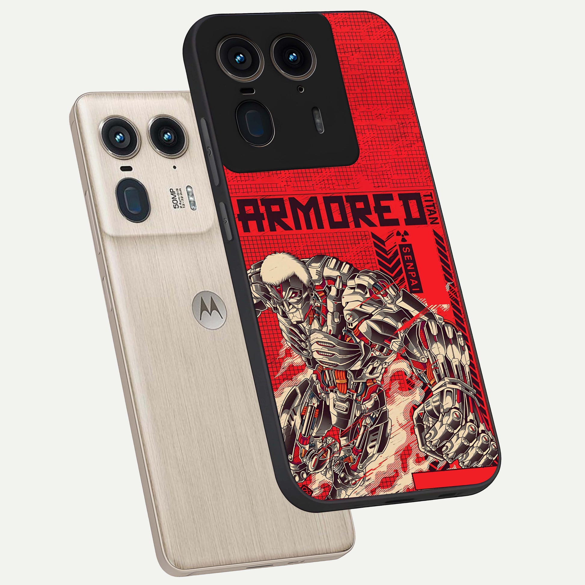 Crimson Mecha Titan Glass Case displayed in angled mockup highlighting futuristic mech illustration with bold crimson aesthetic.
