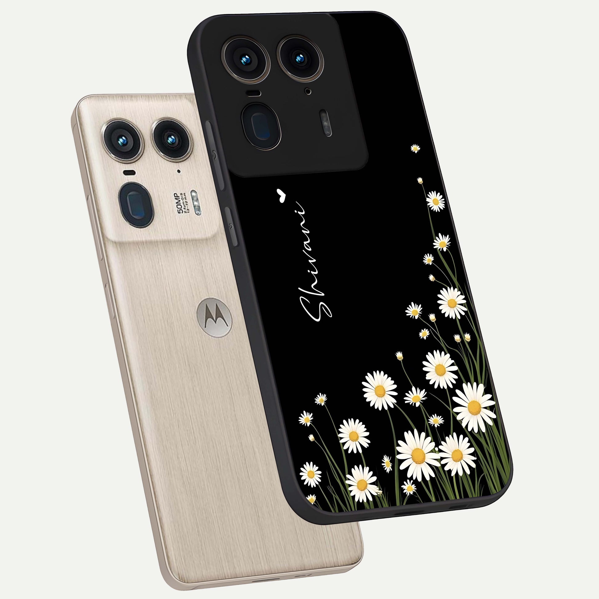 Daisy Cascade Custom Name Glass Case displayed in angled mockup highlighting delicate daisy artwork with custom name feature.