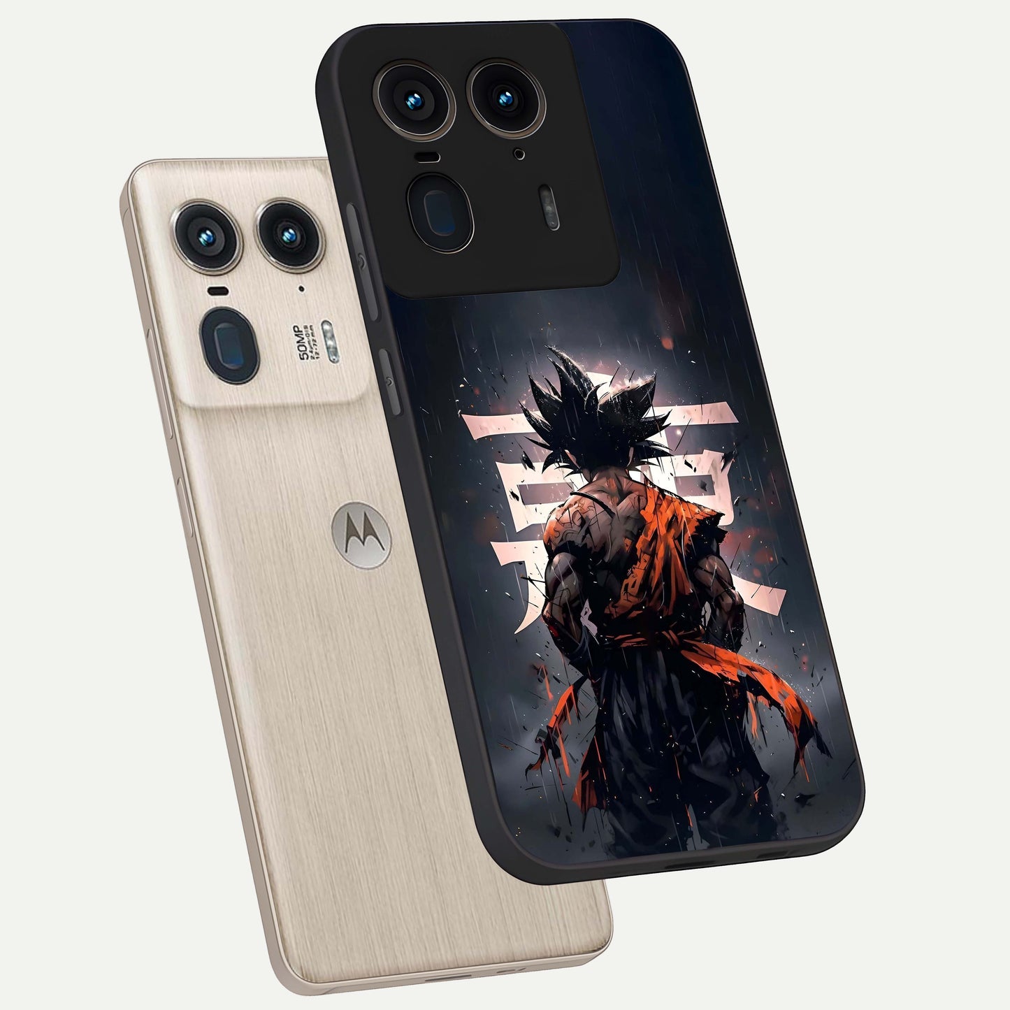 Dark Warrior In Rain Glass Case displayed in angled mockup highlighting dramatic warrior illustration with dark rain aesthetic.