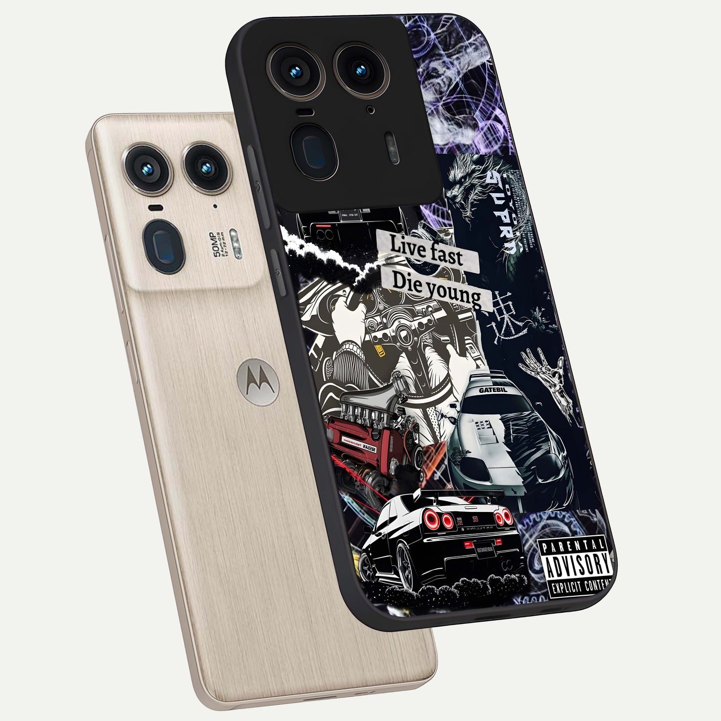 Die Young Glass Case displayed in angled mockup highlighting expressive graphic artwork with edgy aesthetic style.