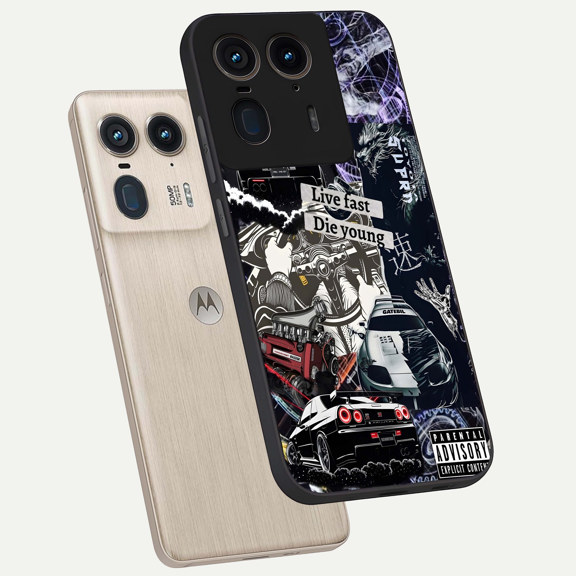 Die Young Glass Case displayed in angled mockup highlighting expressive graphic artwork with edgy aesthetic style.