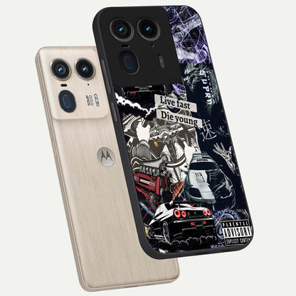 Die Young Glass Case displayed in angled mockup highlighting expressive graphic artwork with edgy aesthetic style.