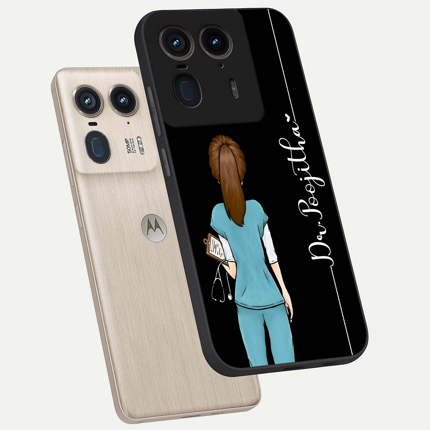 Doctor Pattern Custom Name Glass Case displayed in angled mockup highlighting doctor inspired artwork with custom name feature.