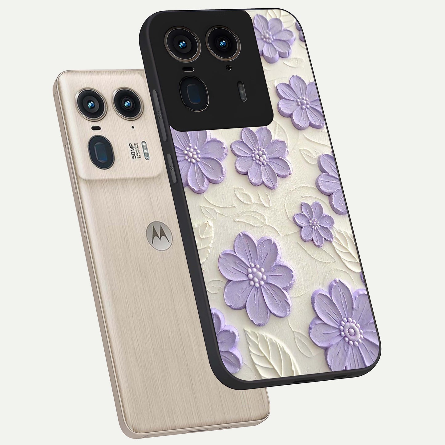 Floral Wall Art With Purple Flowers Glass Case displayed in angled mockup highlighting vibrant purple floral illustration with artistic aesthetic.