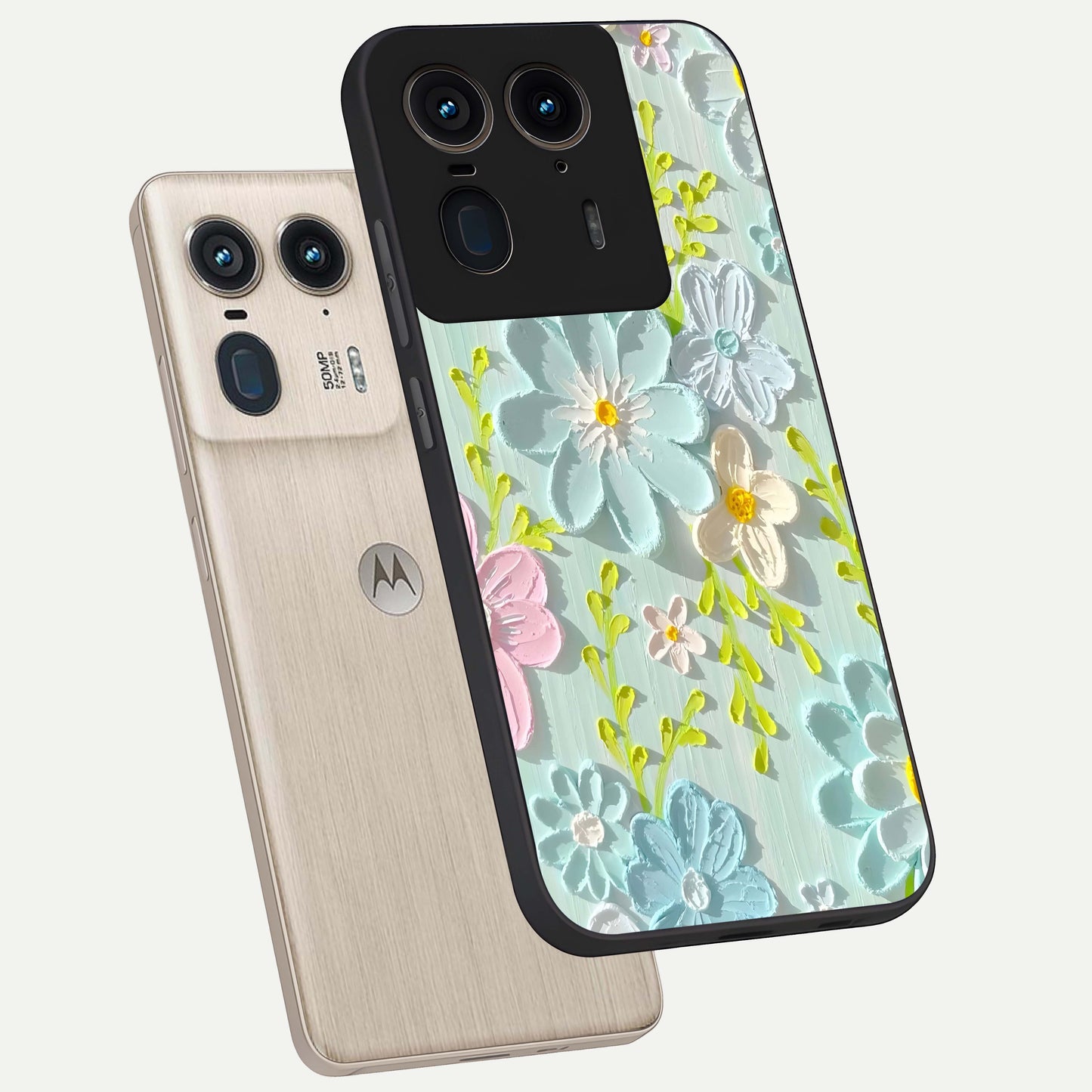 Frosted Petal Garden Glass Case displayed in angled mockup highlighting delicate flower petal design with calm garden aesthetic.