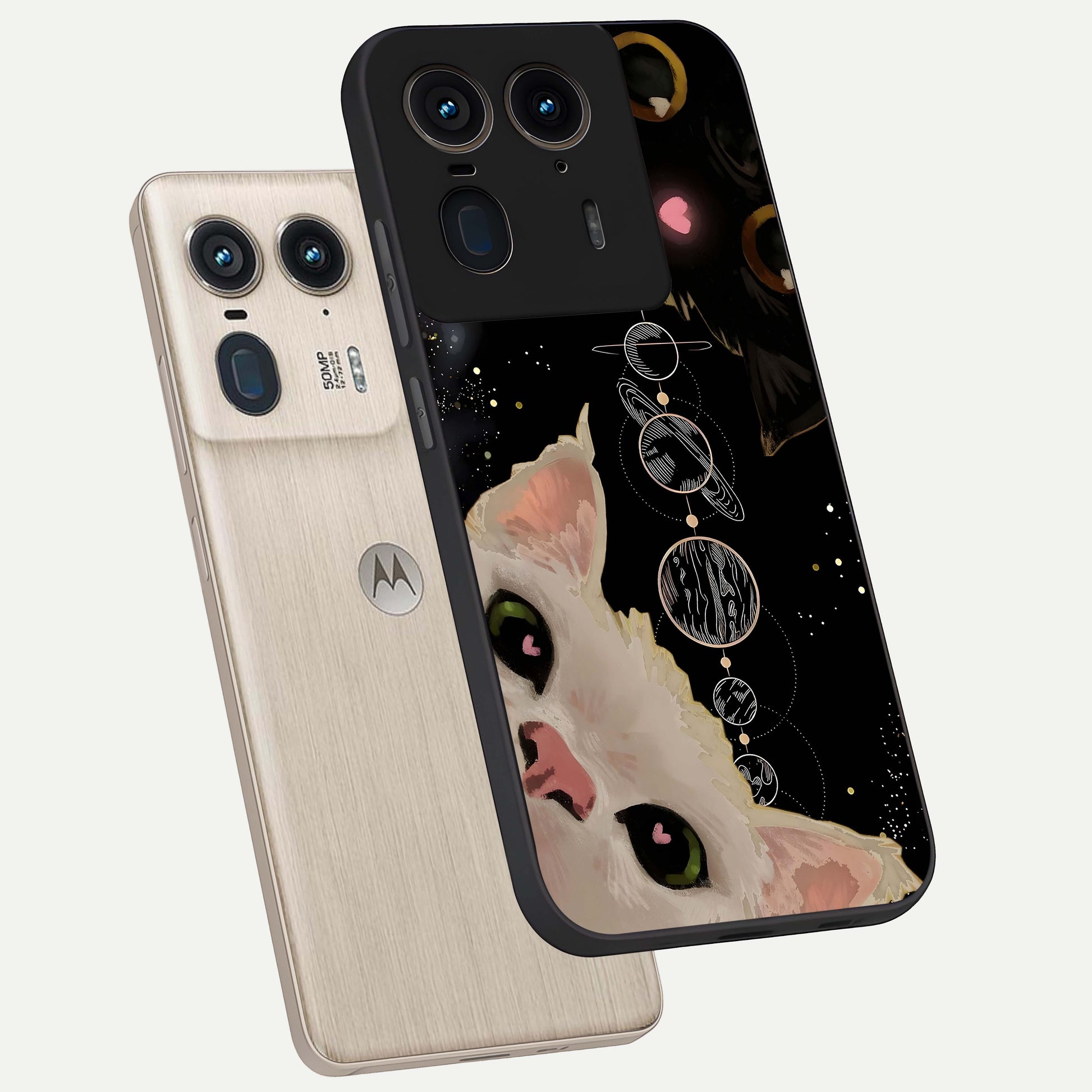 Galactic Cat Glass Case displayed in angled mockup highlighting celestial feline illustration with galaxy aesthetic style.