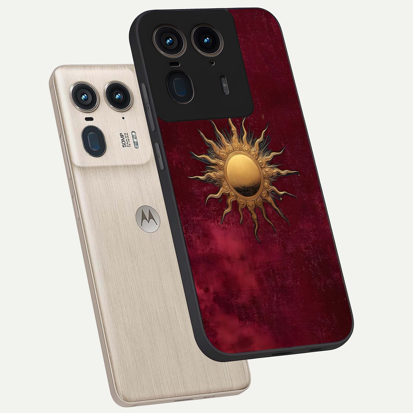 Golden Sun Minimalism Glass Case displayed in angled mockup highlighting clean sun symbol design with modern minimal aesthetic.