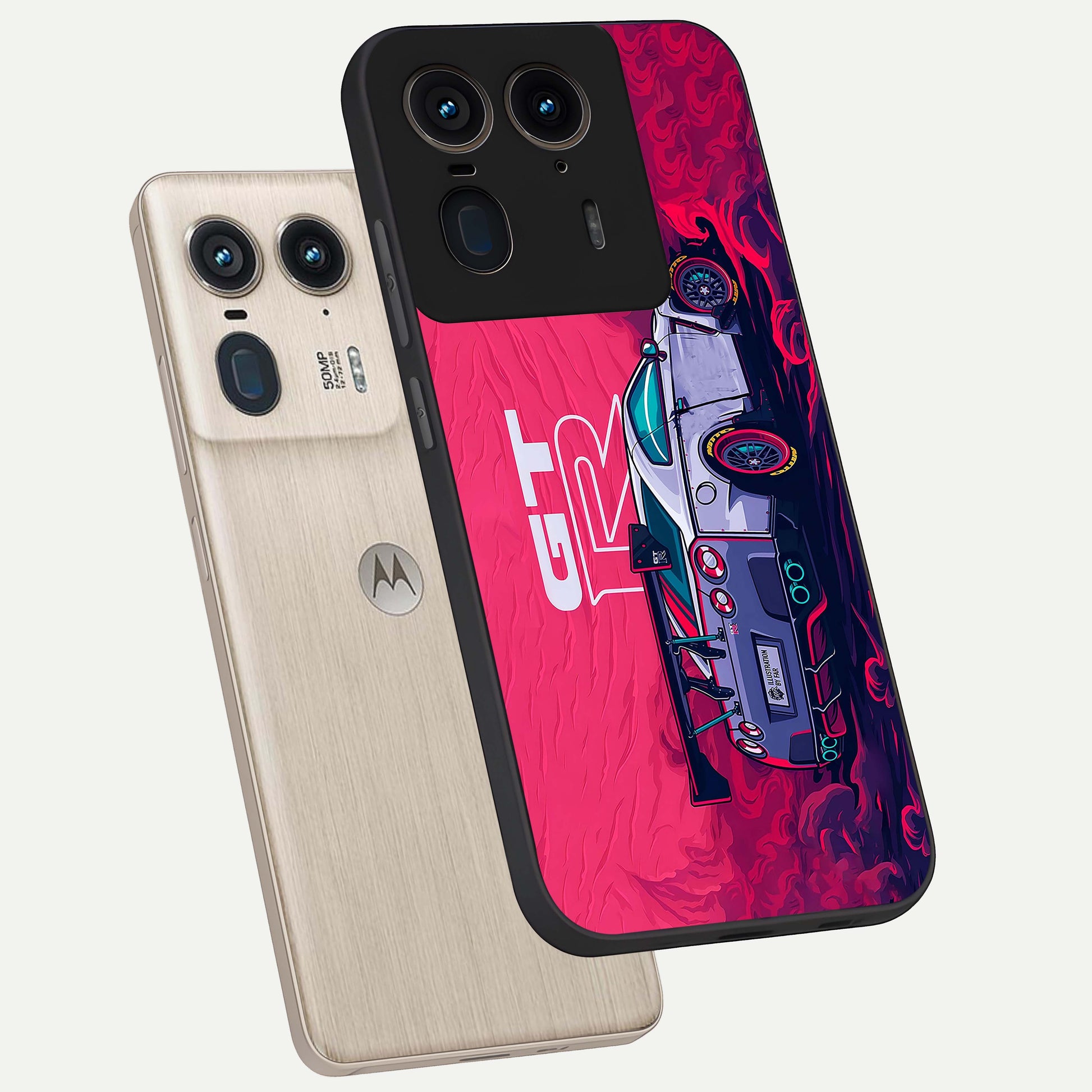 GT-R Car Pattern Glass Case displayed in angled mockup highlighting racing car graphic design with bold automotive aesthetic.
