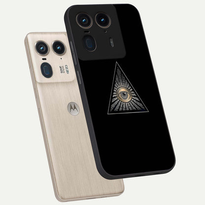 Illuminati Evil Glass Case displayed in angled mockup highlighting dark occult inspired design with bold aesthetic style.