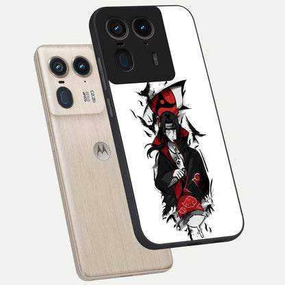 Itachi Limited Edition Naruto Anime Glass Case displayed in angled mockup highlighting dramatic anime illustration with bold action aesthetic.