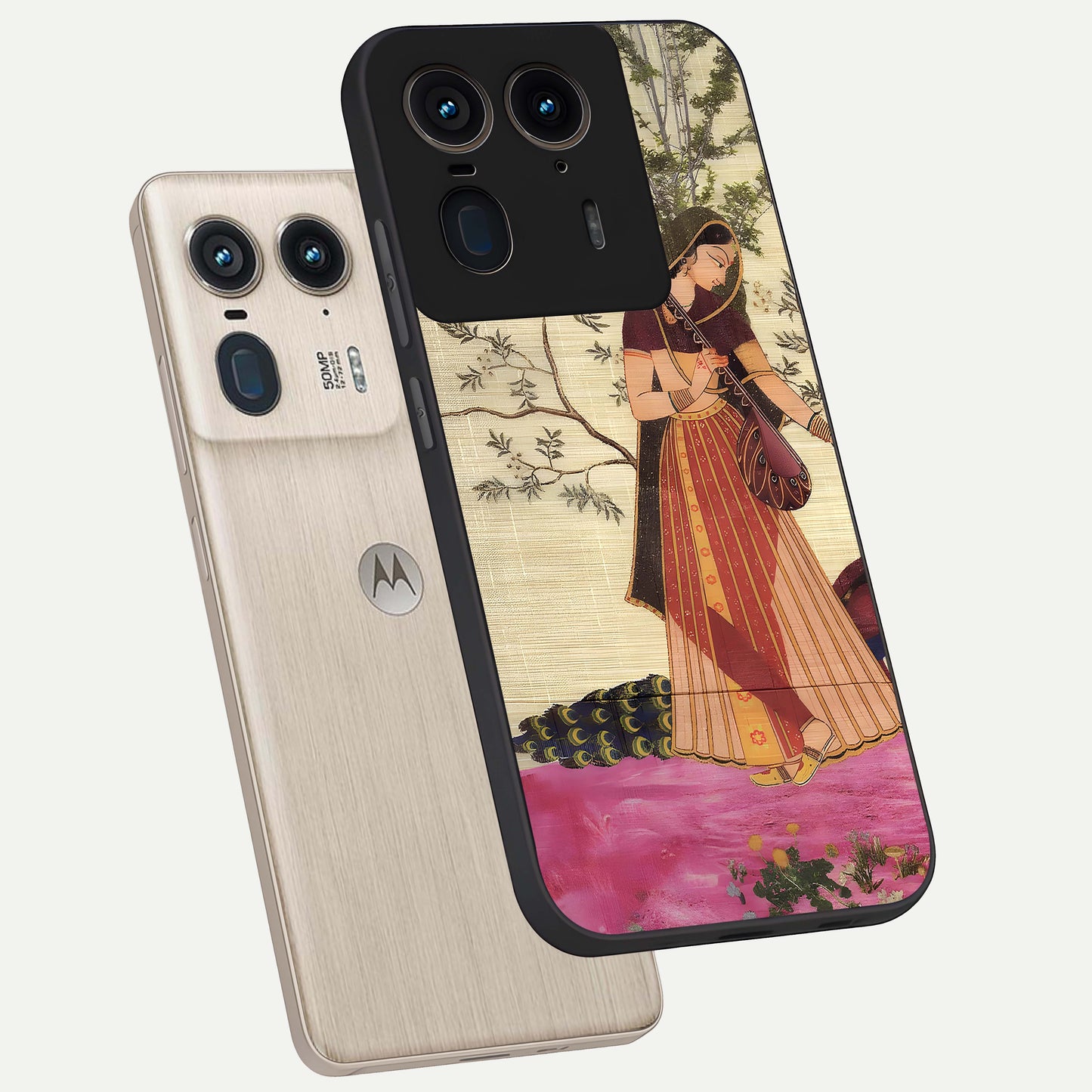 Lady With Veena Art Glass Case displayed in angled mockup highlighting graceful musical illustration with cultural artistic aesthetic.