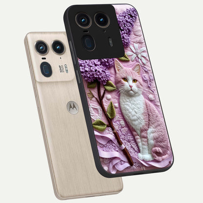 Lavender Cat Whimsy Glass Case displayed in angled mockup highlighting playful feline illustration with pastel lavender aesthetic.
