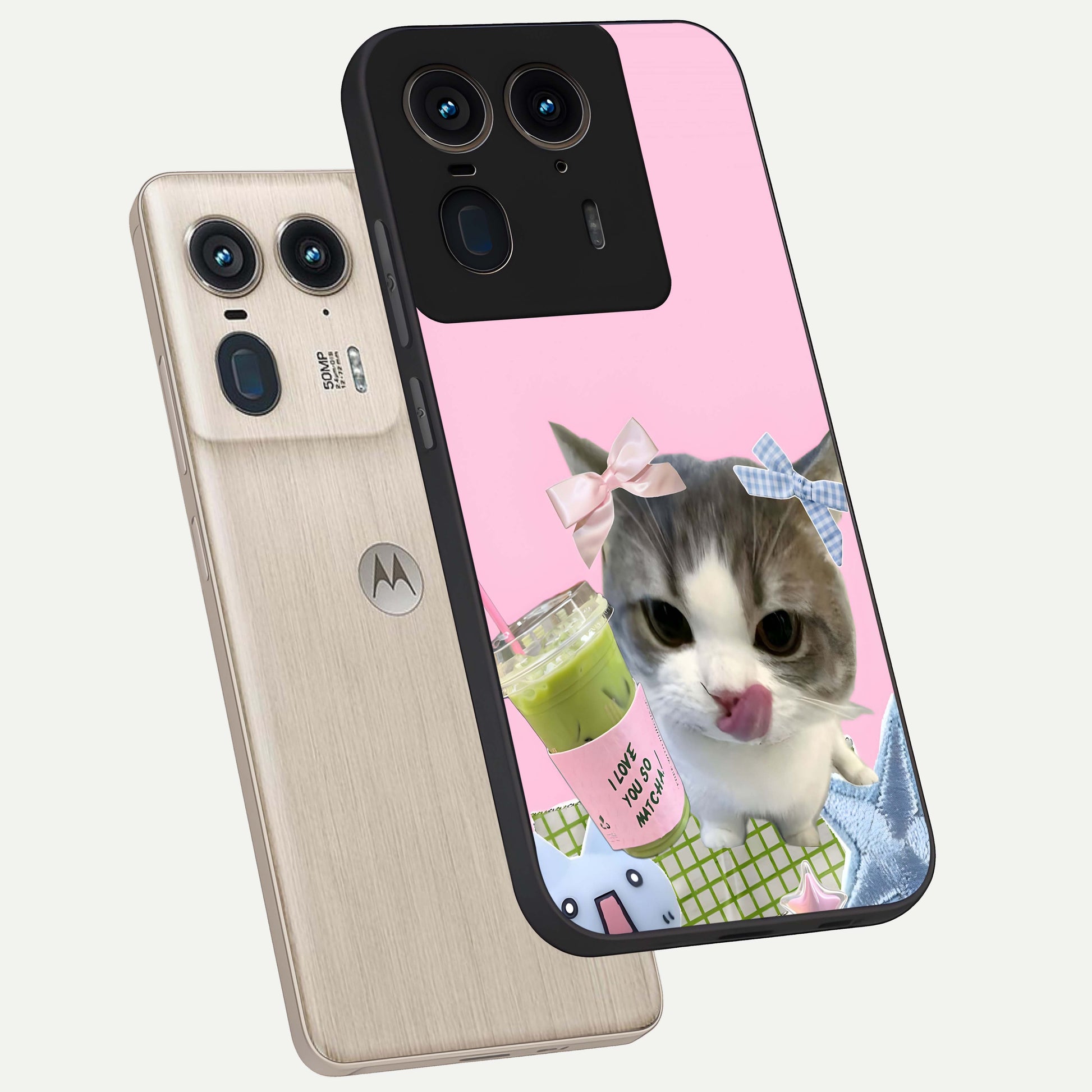 Love Matcha Cat Glass Case displayed in angled mockup highlighting playful feline illustration with cozy matcha aesthetic.