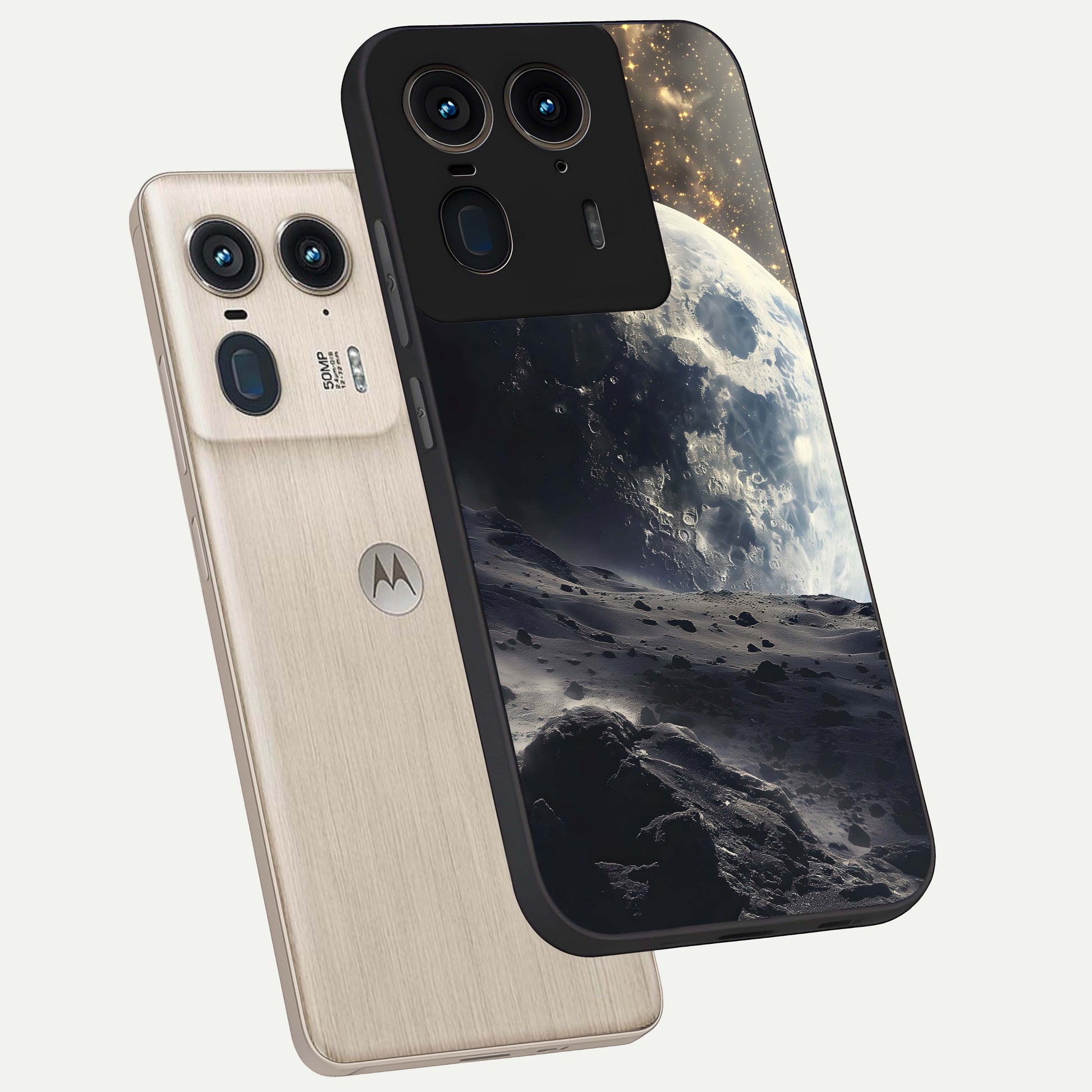 Lunar Horizon Glow Glass Case displayed in angled mockup highlighting celestial moon design with dreamy night aesthetic.