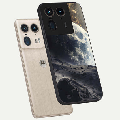 Lunar Horizon Glow Glass Case displayed in angled mockup highlighting celestial moon design with dreamy night aesthetic.