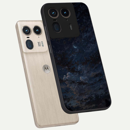 Lunar Veil Silence Glass Case displayed in angled mockup highlighting soft lunar design with peaceful celestial aesthetic.