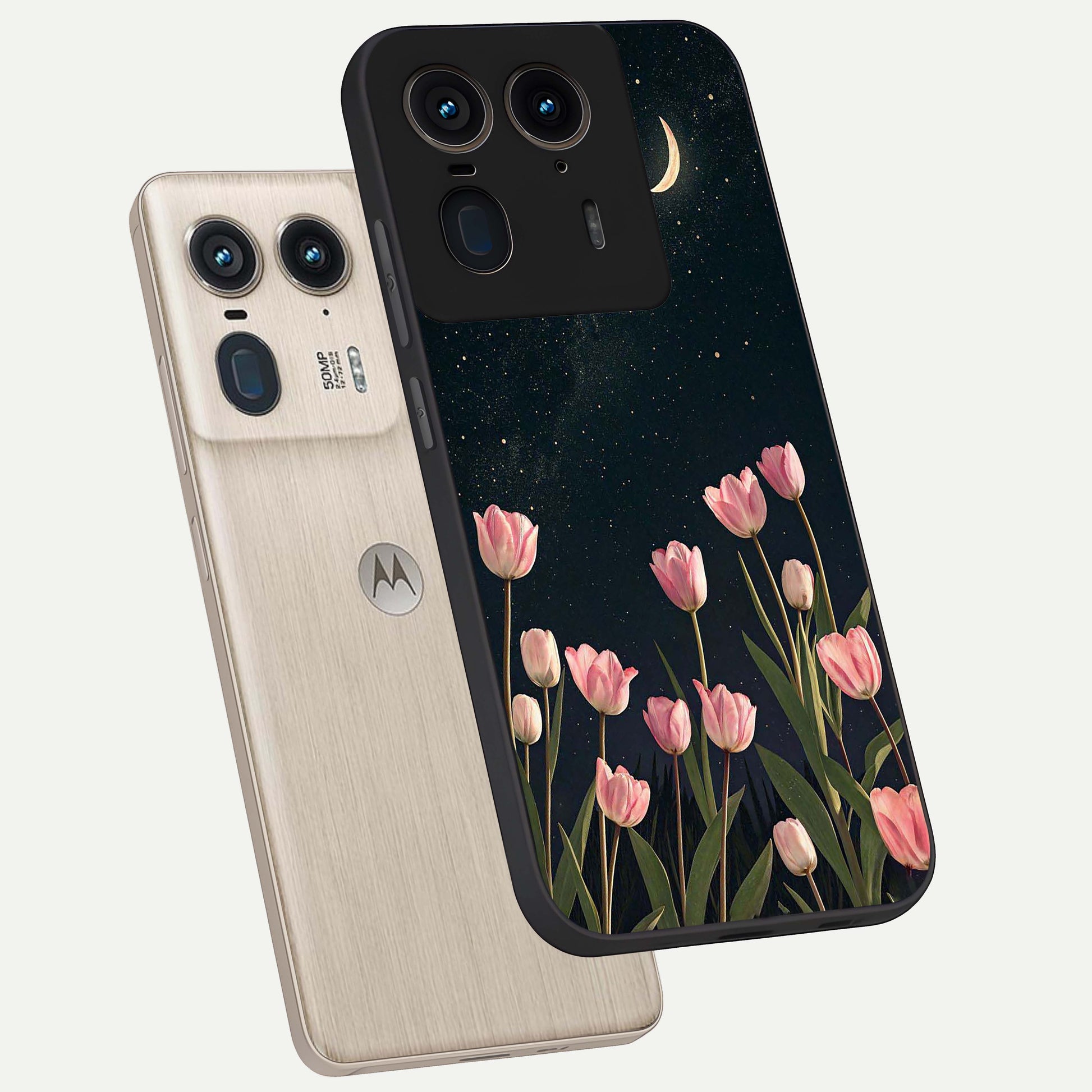 Midnight Tulip Whispers Vibe Glass Case displayed in angled mockup highlighting delicate tulip design with midnight floral aesthetic.