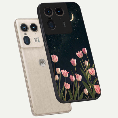 Midnight Tulip Whispers Vibe Glass Case displayed in angled mockup highlighting delicate tulip design with midnight floral aesthetic.