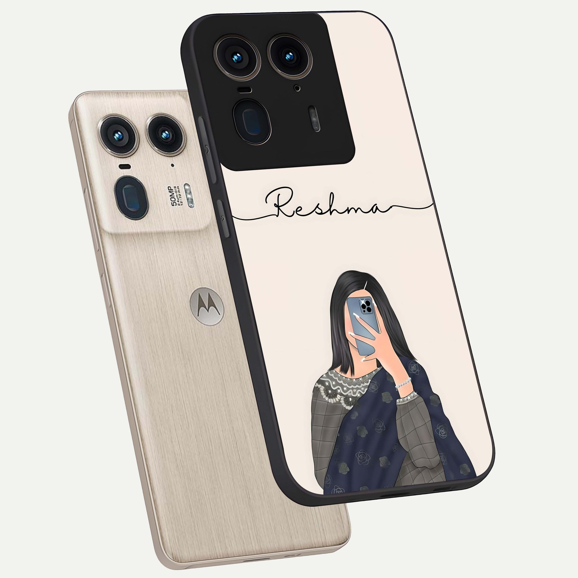 Mirror Mood Muse With Custom Name Glass Case displayed in angled mockup highlighting aesthetic mirror inspired design with custom name feature.