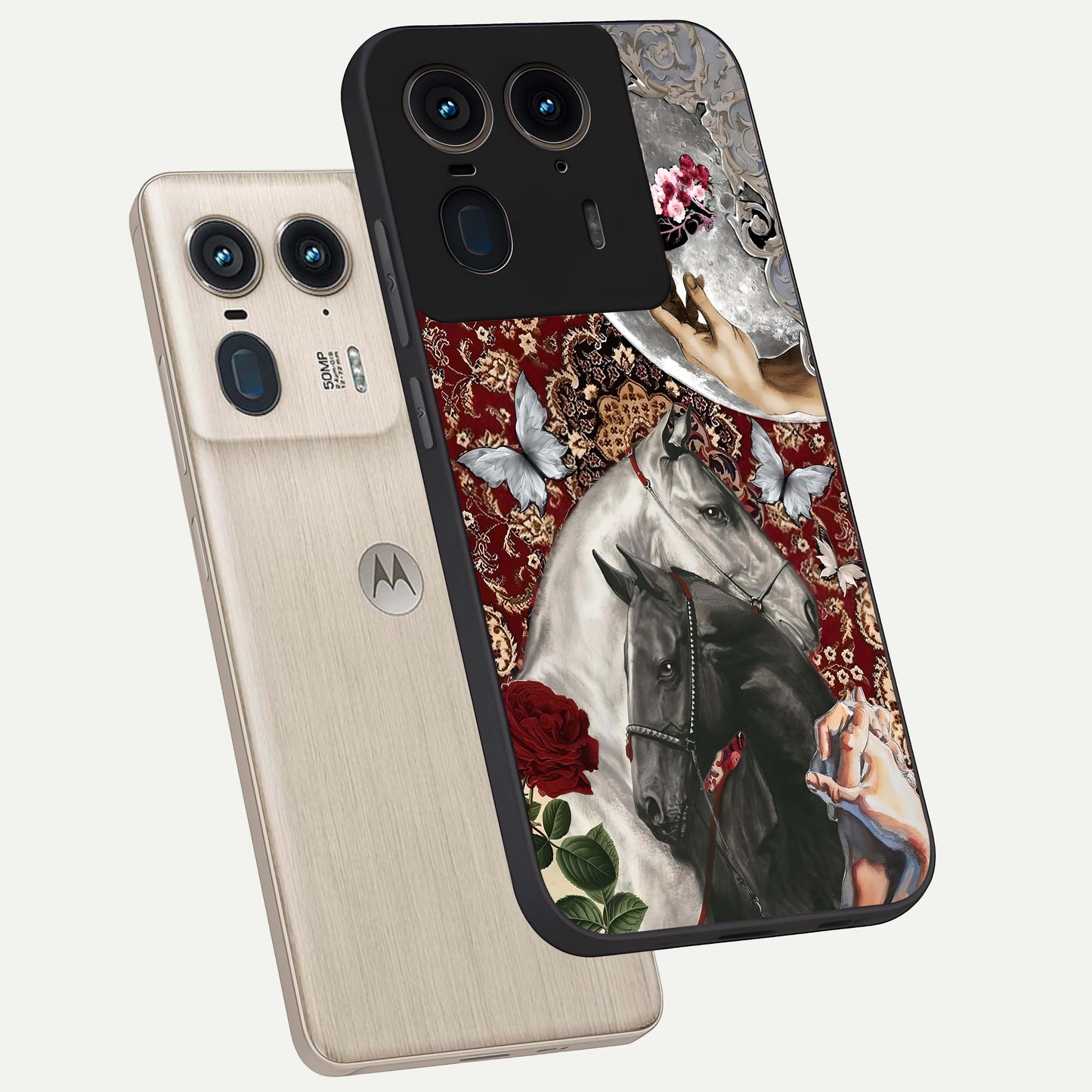 Moonlit Royal Stallion Glass Case displayed in angled mockup highlighting powerful stallion illustration with royal night aesthetic.