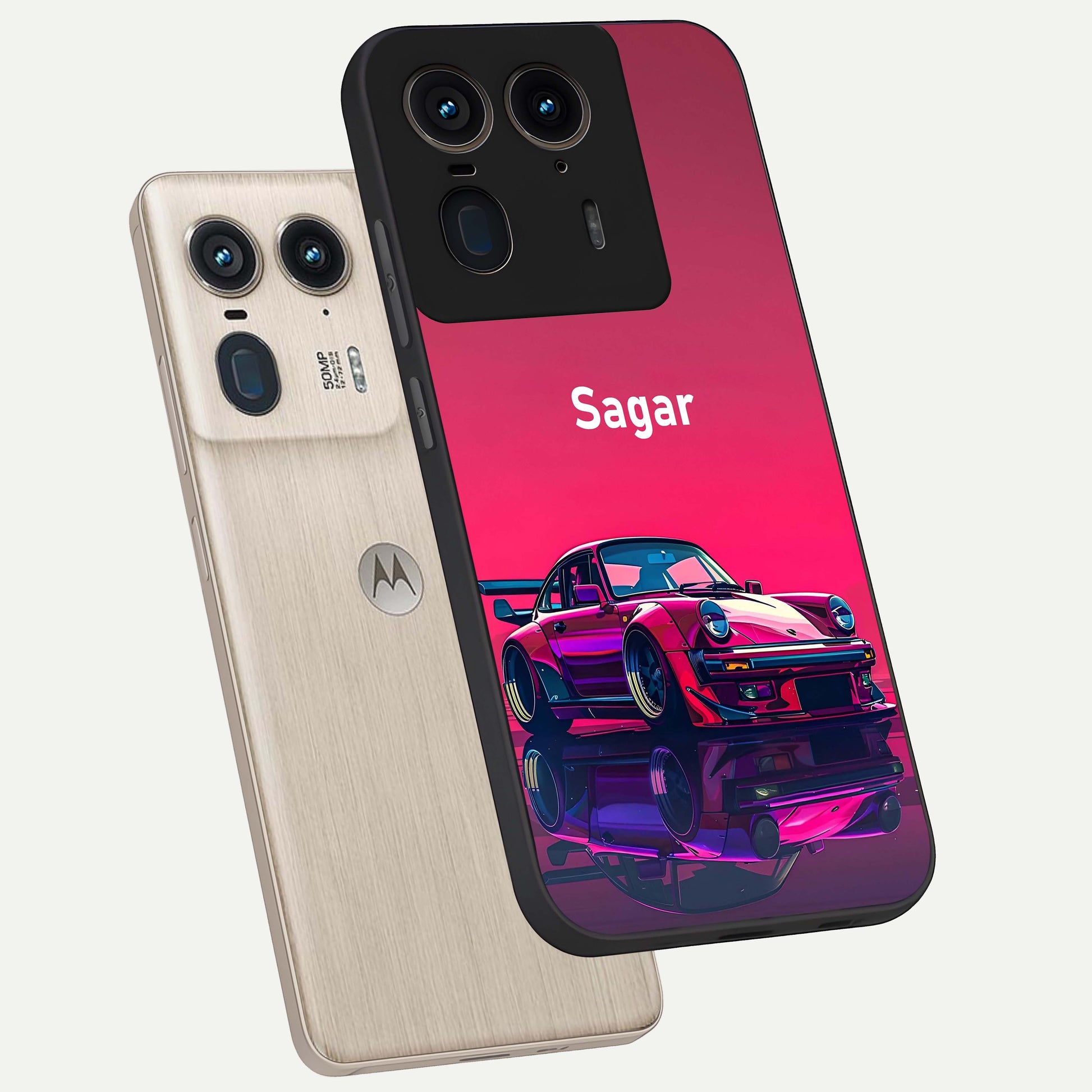 Neon Pink Porsche Glass Case displayed in angled mockup highlighting sleek neon pink car design with racing aesthetic.