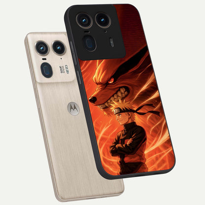Nine Tails Legacy Glass Case displayed in angled mockup highlighting dynamic anime beast illustration with bold mystical aesthetic.
