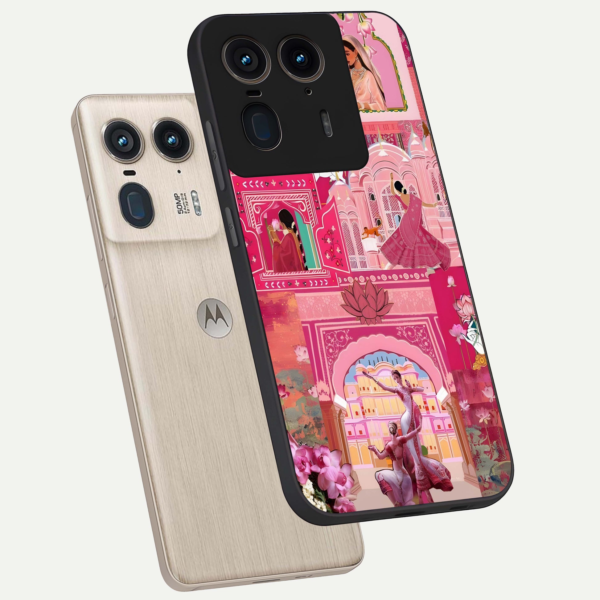 Pink Palace Muse Glass Case displayed in angled mockup highlighting dreamy palace illustration with soft pink aesthetic.