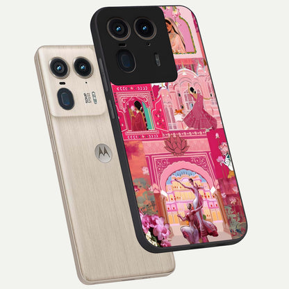 Pink Palace Muse Glass Case displayed in angled mockup highlighting dreamy palace illustration with soft pink aesthetic.