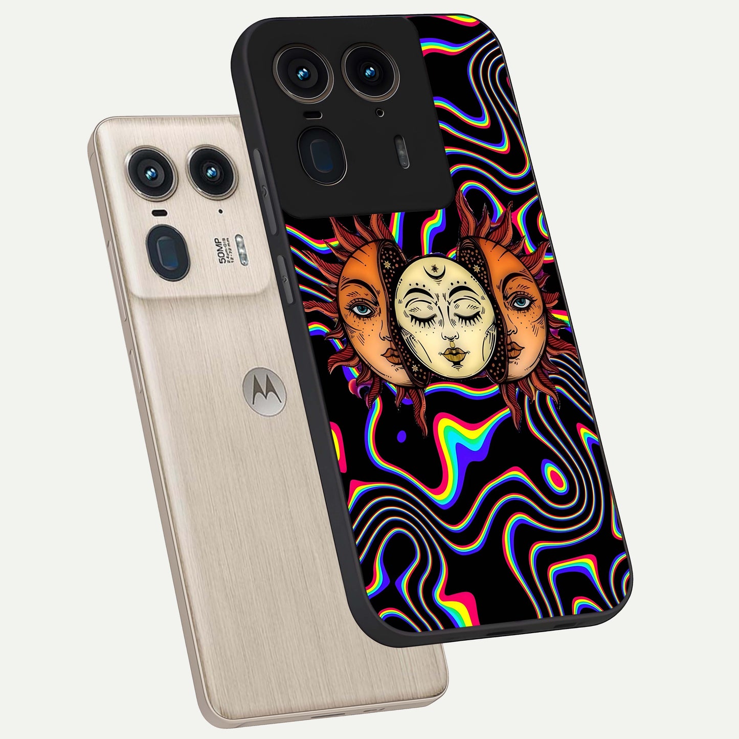 Psychedelic Sun Glass Case displayed in angled mockup highlighting vibrant abstract sun design with artistic aesthetic style.