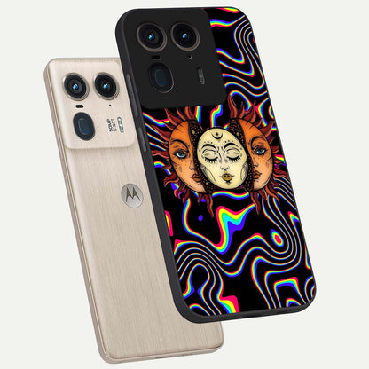 Psychedelic Sun Glass Case displayed in angled mockup highlighting vibrant abstract sun design with artistic aesthetic style.