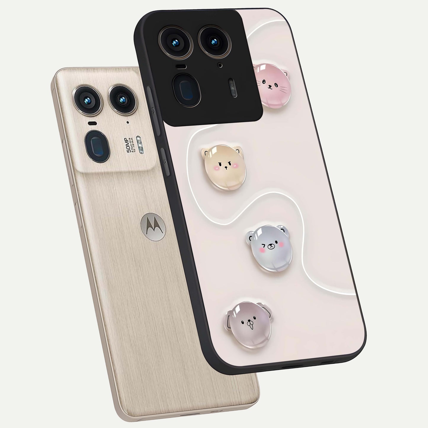 Puffy Face Parade Glass Case displayed in angled mockup highlighting playful cartoon face design with fun aesthetic.