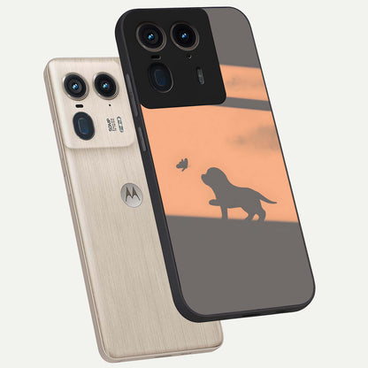 Puppy Shadow Art Glass Case displayed in angled mockup highlighting playful dog illustration with artistic shadow aesthetic.