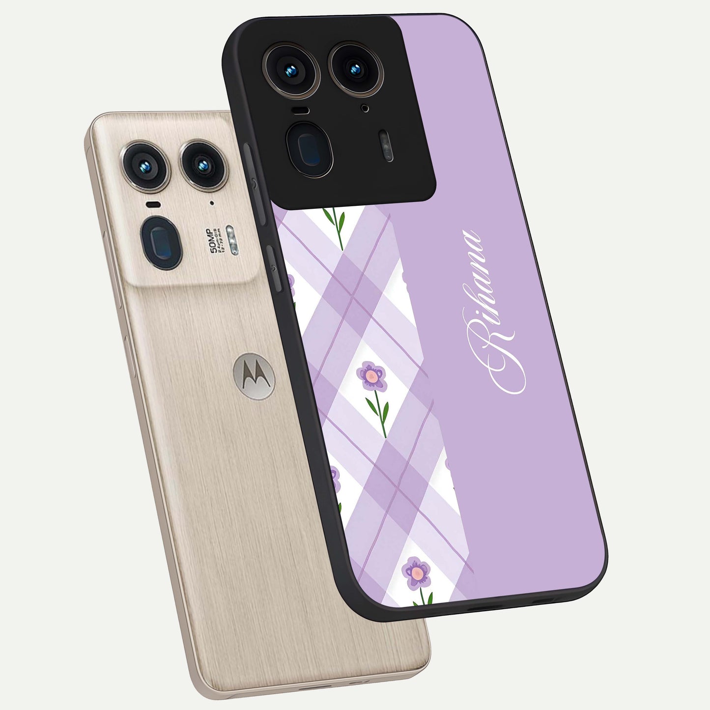 Purple Diamond Floral Glass Case displayed in angled mockup highlighting elegant purple flower design with decorative pattern.