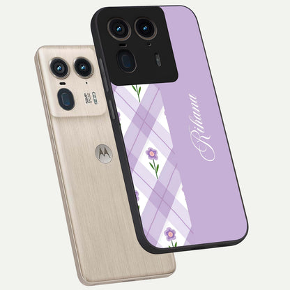 Purple Diamond Floral Glass Case displayed in angled mockup highlighting elegant purple flower design with decorative pattern.
