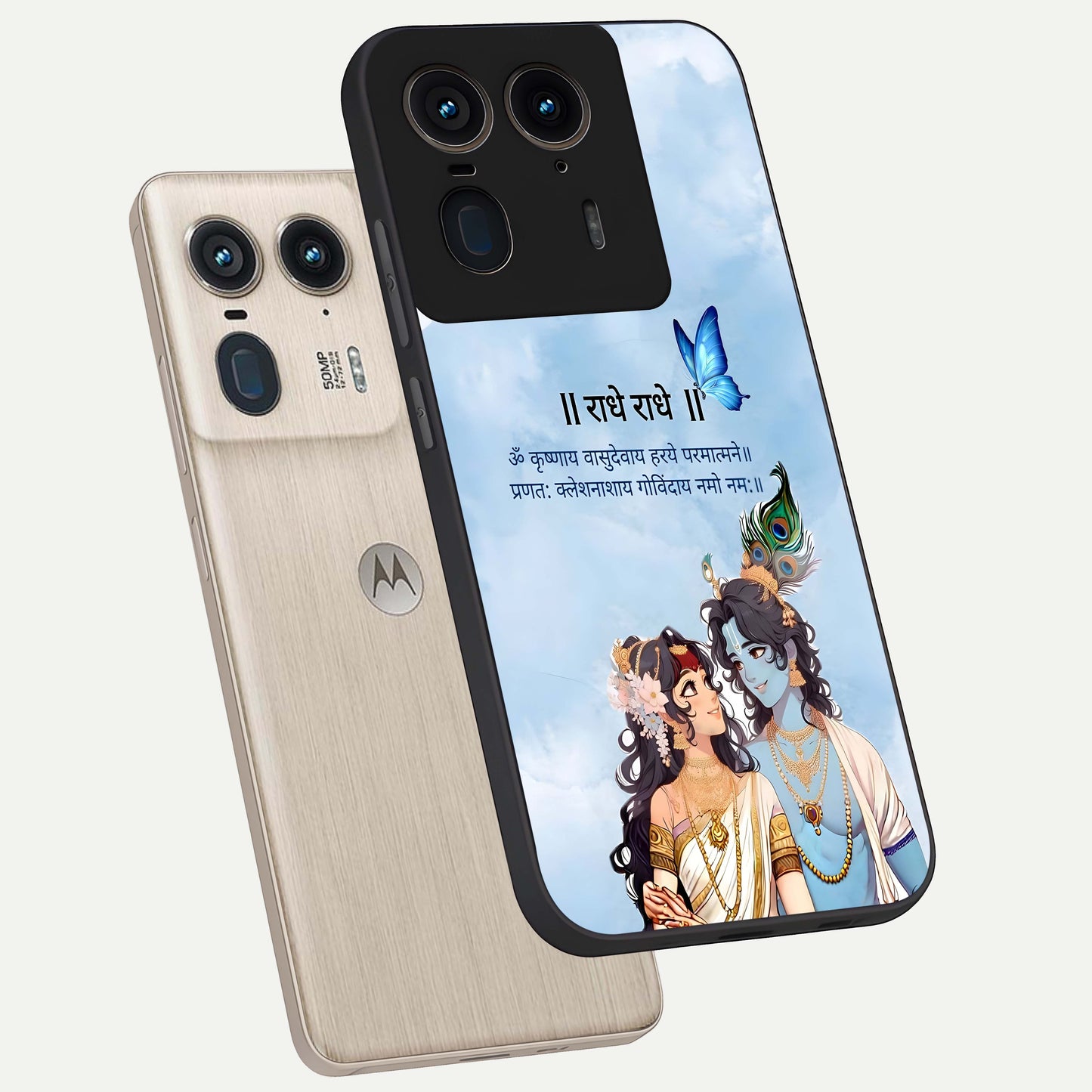 Radha Krishna Eternal Glass Case displayed in angled mockup highlighting divine Radha Krishna illustration with spiritual aesthetic.