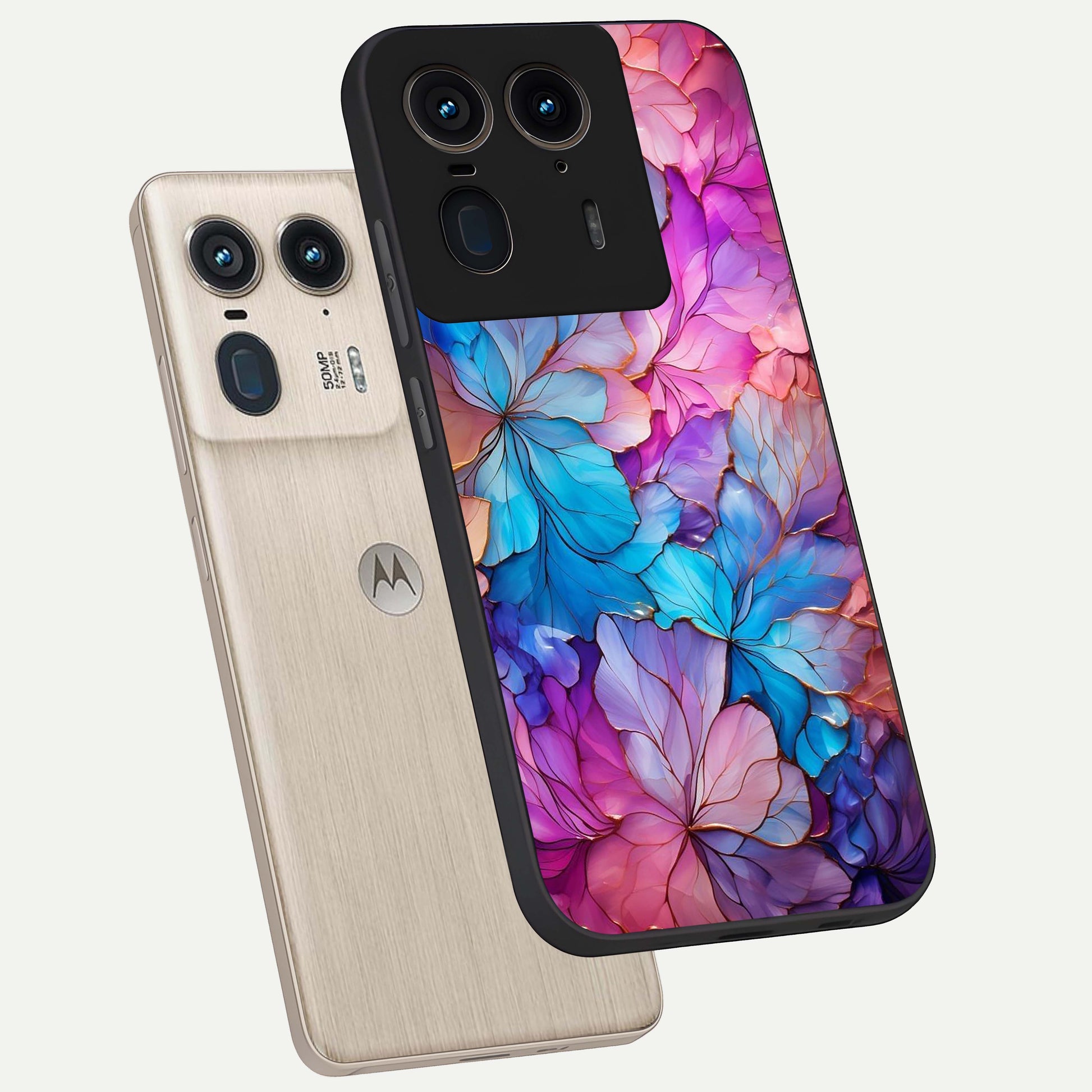 Radiant Floral Whirl Glass Case displayed in angled mockup highlighting vibrant flower pattern with dynamic artistic aesthetic.
